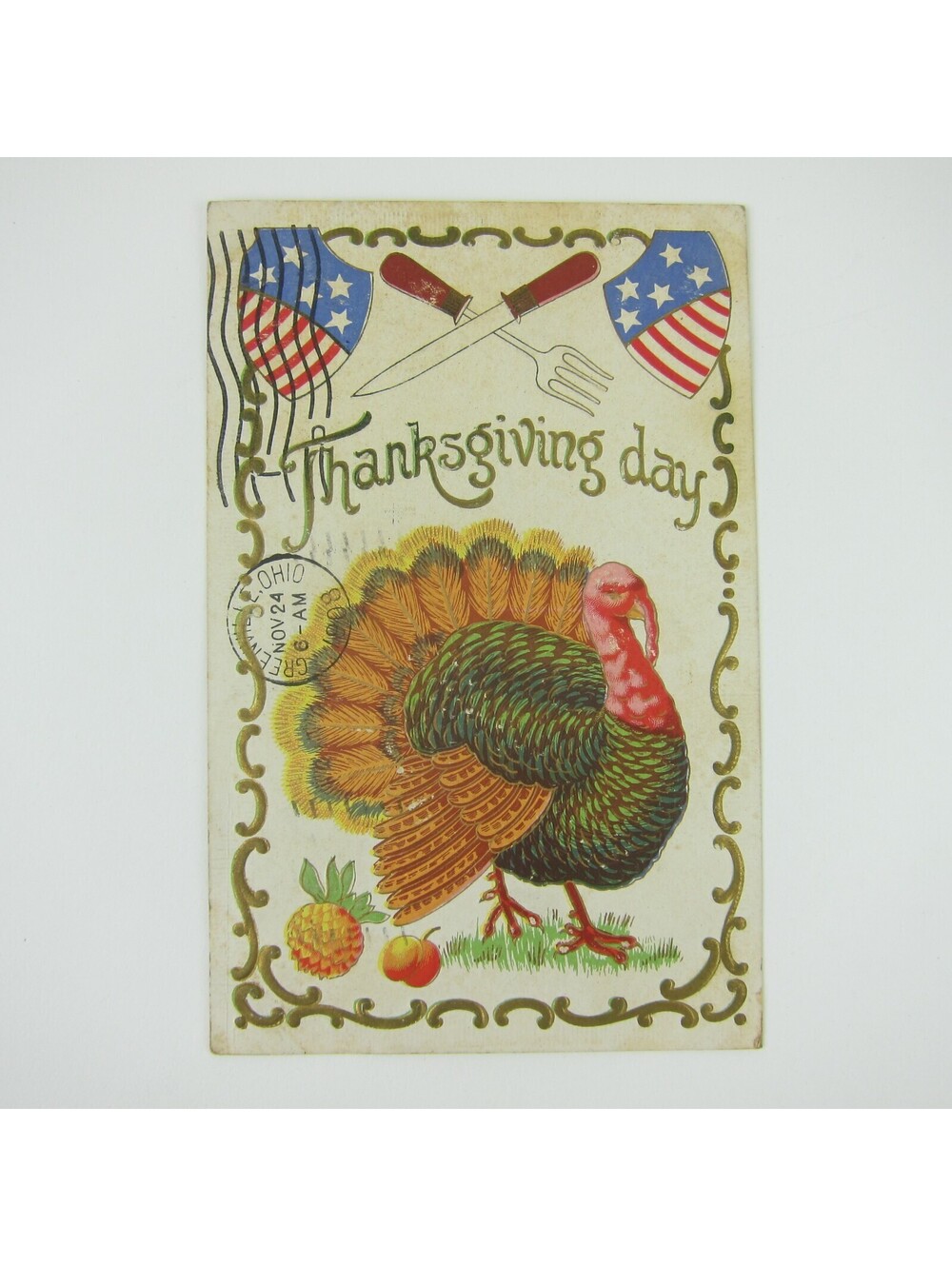 Thanksgiving Postcard Wild Turkey Carving Knife Fork Gold Embossed Antique 1908